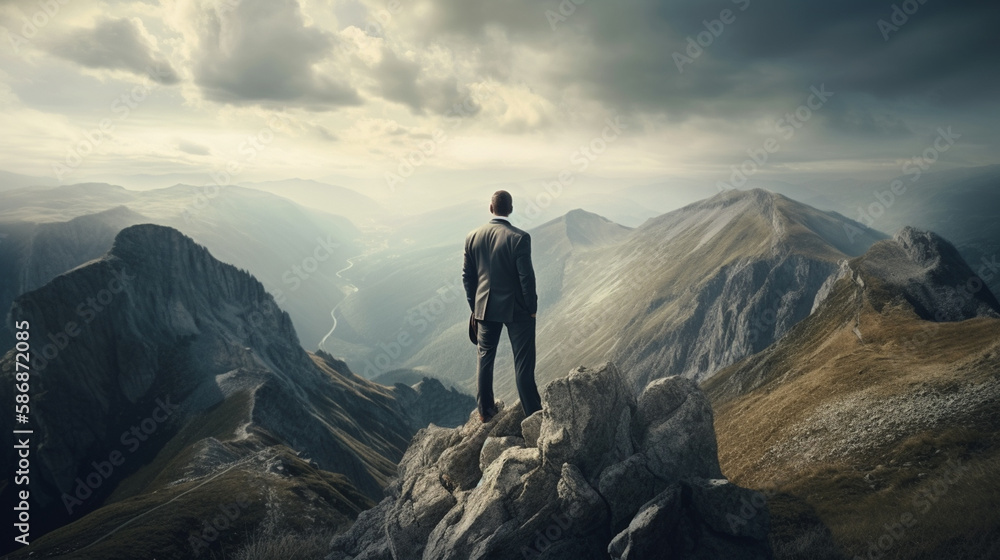Businessman standing on top of a mountain and looking at the valley. Generative Ai
