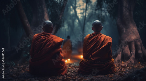 Buddhist Monks sitting on the outdoor. Generative Ai