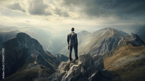 Businessman standing on top of a mountain and looking at the valley. Generative Ai