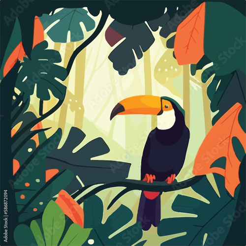 Toucan in the canopy of the rainforest. Tropical rainforest birds and animals. Flat vector illustration concept. Generative AI