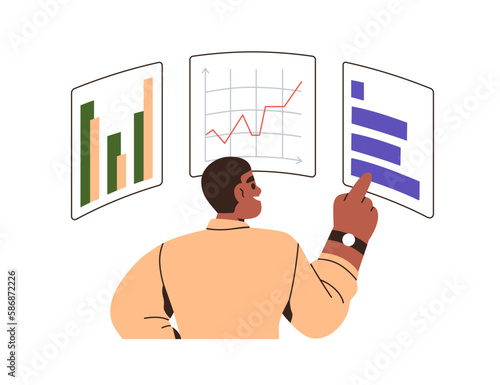 Business data and statistics analysis concept. Company performance information with diagrams. Businessman analyzing benchmark comparing graphs. Flat vector illustration isolated on white background