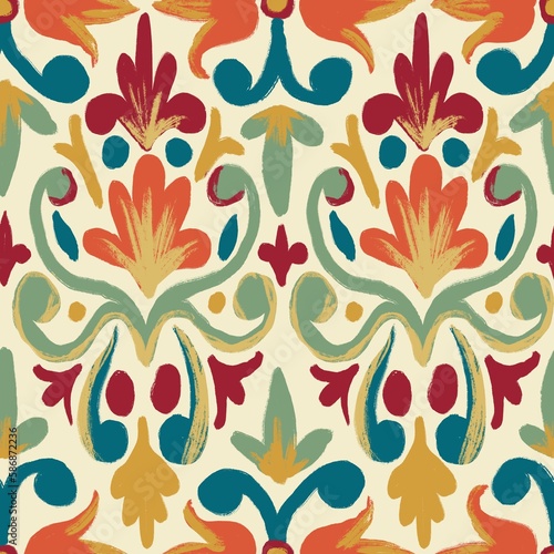 Hand drawn seamless pattern of floral damsk with orange red flowers blue sage green leaves on beige background. Ethnic folk style, retro vintage design in victorian antique ornament, slytized