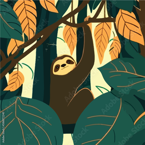 Sloth in the branches of a rainforest tree. Tropical rainforest animals. Flat vector illustration concept. Generative AI