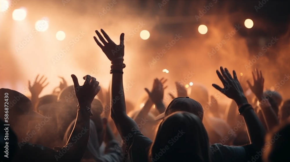 Crowd at a music festival with raised hands in front of the stage. Generative Ai