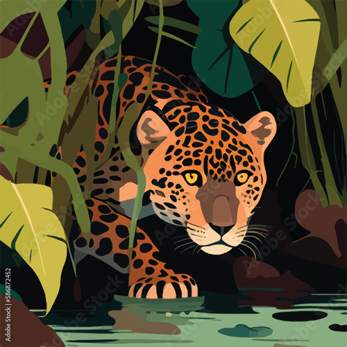 Jaguar in the Amazon rainforest. Tropical rainforest animals. Flat vector illustration concept. Generative AI
