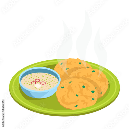 Potato dish. Hash browns, draniki fried. With white sauce. Vector graphic.	