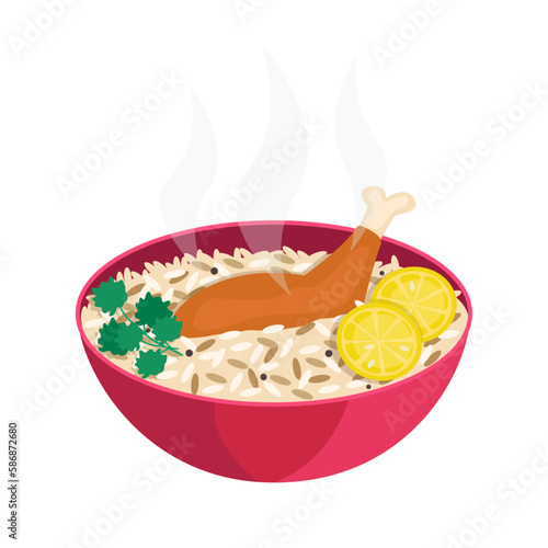 Biryani. Rice, chicken meat, vegetables and spices. Garnished with lemon and cilantro. Vector graphic.