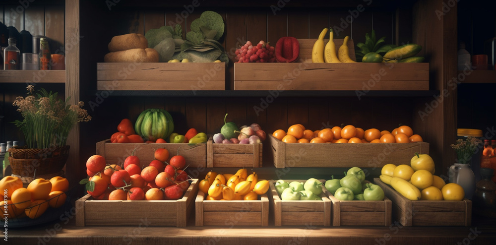 Fruits and vegetables a grocery store. Generative Ai