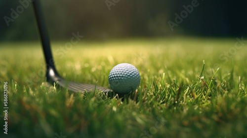 Golf club and ball on green grass. Generative Ai