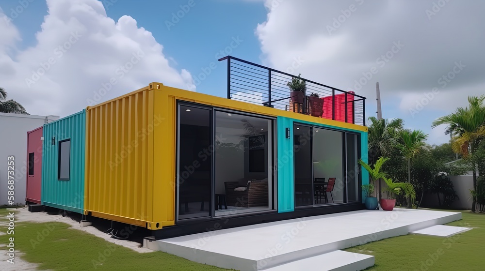 concept of sustainability and recycle , container box remake as restaurant, office or house, colorful bright tone house, Generative Ai concept of sustainability and recycle , container box remake as restaurant, office or house, colorful bright tone house, Generative Ai