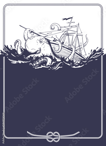 An enraged kraken attacks a commercial sailboat. Mythical monster from the dark depths. The octopus wraps its tentacles around the sailboat and pulls it to the bottom. Vector image.