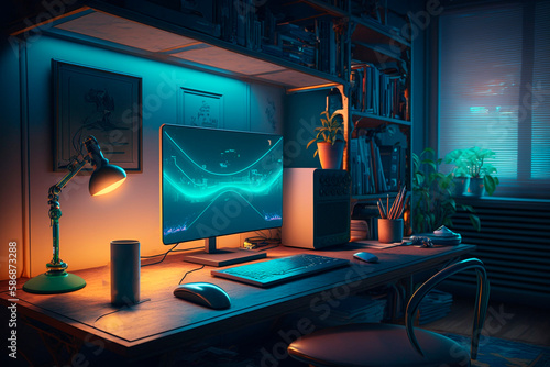 A home office setup with computer on desk and houseplants, dark room with neon lights, generative ai