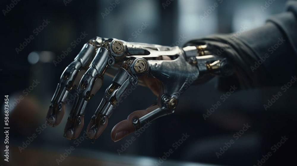 Hand of a man with a prosthetic arm. Generative Ai Hand of a man with a prosthetic arm. Generative Ai