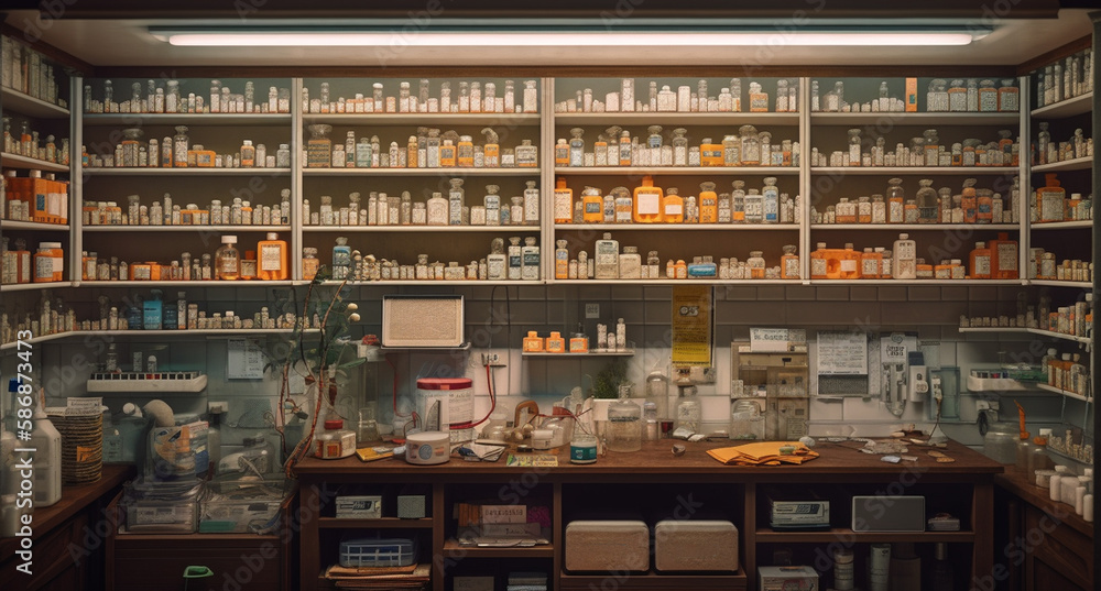 Pharmacy and drugstore shelves with medicine bottles and other items. Generative Ai