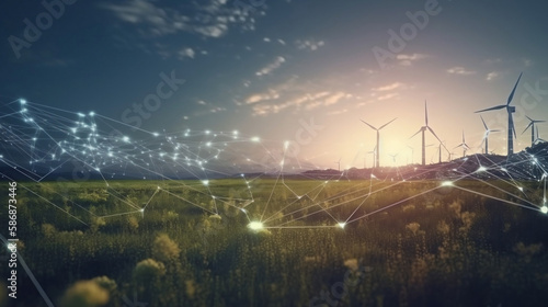 Wind farm and solar panels under a beautiful blue sky with a few clouds. Renewable energy generation for environmental conservation concept. Green energy. Generative AI.