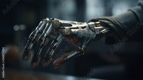 Hand of a man with a prosthetic arm. Generative Ai