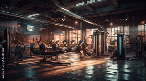 Interior of a modern gym with fitness equipment. Generative Ai