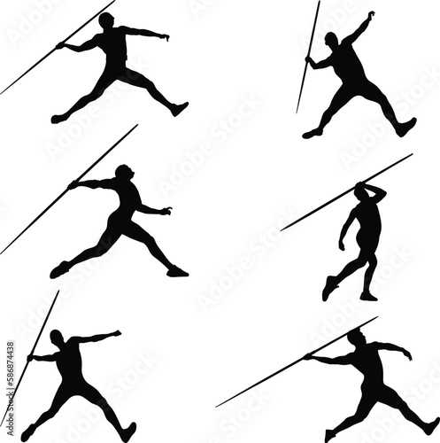 set black silhouette athlete javelin throw on white background, summer olympic sports, vector illustration