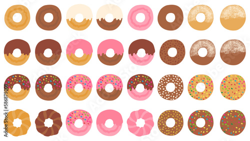 色々なドーナツのイラストセット。フラットなベクターイラスト。
Illustration set of various donuts. Flat designed vector illustrations.