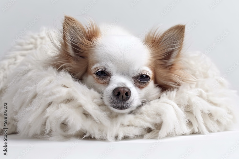 Four year old Chihuahua sleeping on white fur against a white background. Generative AI