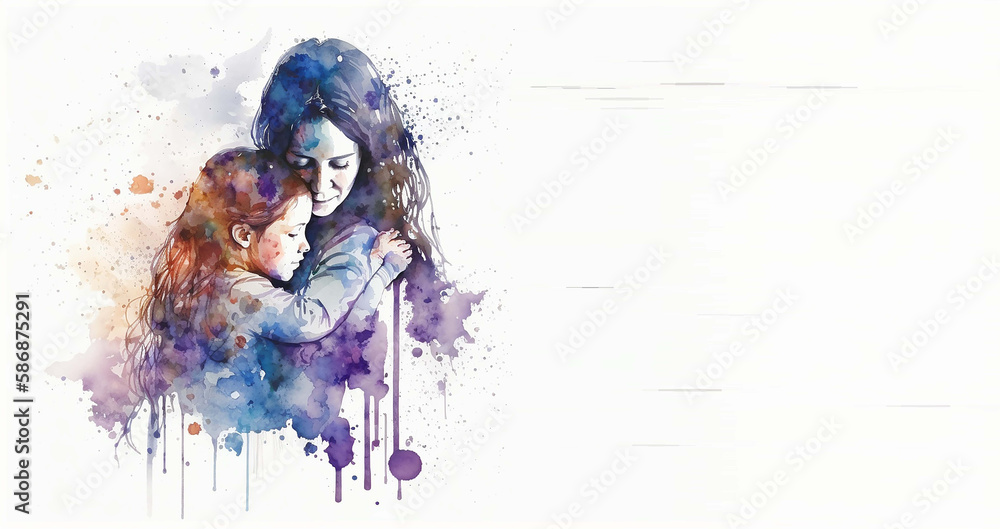 Mother's day - illustration of mom and daughter hugging each other with copy space for text, Generative ai. - obrazy, fototapety, plakaty 