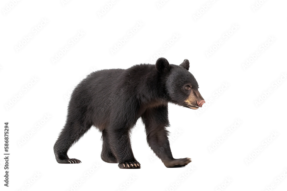 Fototapeta premium an isolated baby black bear cub walking, side-view, Alaskan, horizontal, mountain-themed photorealistic illustration on a transparent background in PNG. Ursus americanus. Generative AI