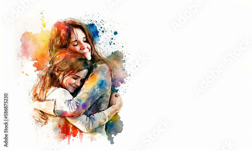 Mother's day - illustration of mom and daughter hugging each other with copy space for text, Generative ai. photo