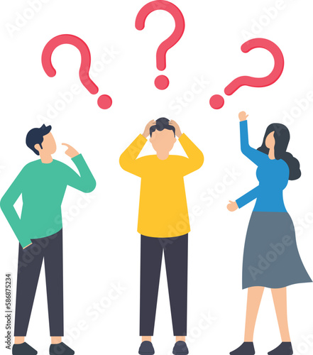 Confused people with confusion, problem or doubt, lost in trouble or complexity, complicated theory, misunderstanding illustration, team member having a problem in project concept.
