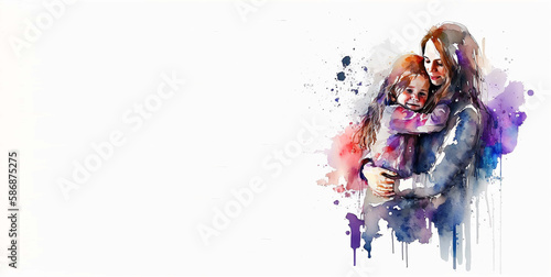 Mother's day - illustration of mom and daughter hugging each other with copy space for text, Generative ai.