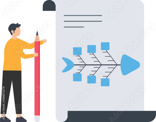 Fishbone diagram tool to analyze cause of problem, analyze problem,  finding solution, solve problem concept, effect or impact concept, fishbone diagram concept
