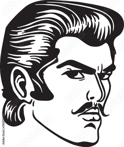 Vintage man with mustache in the style of the 60s young man. Retro comics black and white ink drawing, American cartoon advertising illustration.