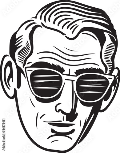Vintage man in sun glasses 60s style young man . Retro comics black and white ink drawing, American cartoon advertising illustration.