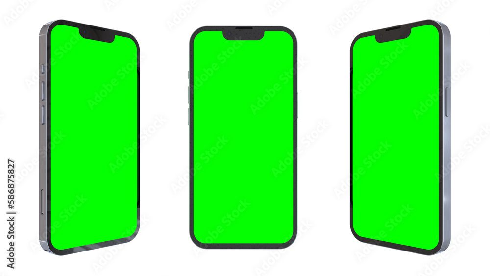Mockup, green screen smartphone template in three different positions. 3d render. Mockup, green screen smartphone template in three different positions. 3d render.