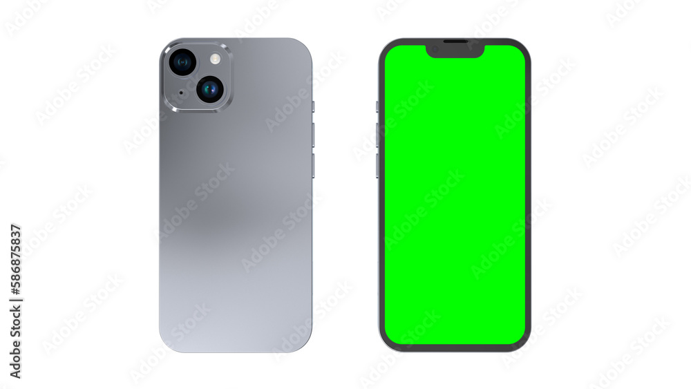 Rotated smartphone mockup front side with blank white screen and smartphone back side with dual camera module. Isolated on white background. 3D render. Rotated smartphone mockup front side with blank white screen and smartphone back side with dual camera module. Isolated on white background. 3D render.