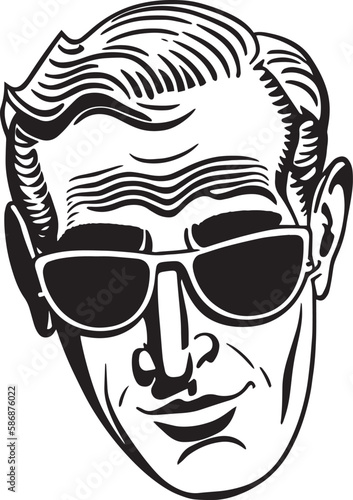 Vintage man in sun glasses 60s style young man . Retro comics black and white ink drawing, American cartoon advertising illustration.