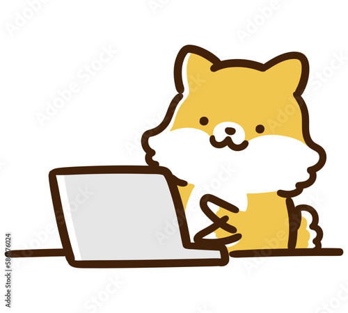 パソコンで作業仕事をするかわいい柴犬のキャラクターの手書き風イラスト