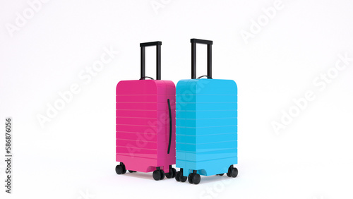 Two suitcases, blue and pink on a white background. Just married, travel, booking concept. 3d rendering.
