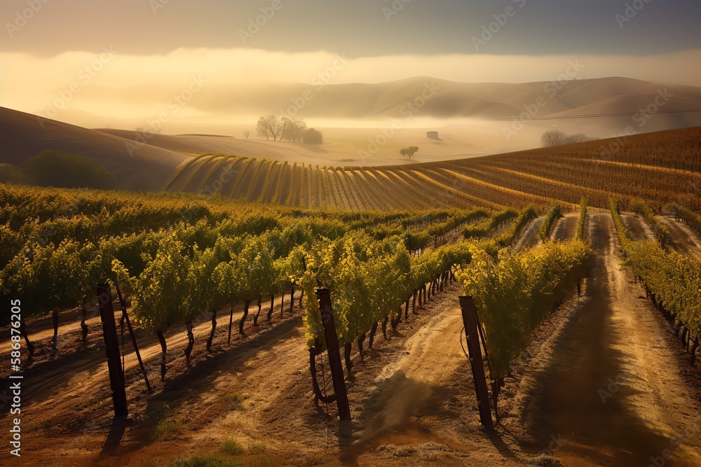 Fototapeta premium Beautiful vineyard in the countryside at sunset around hills and mountains. Generative AI