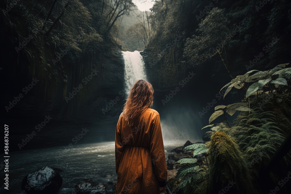 sustainable tourism theme, a woman travel to waterfall in middle of jungle, Generative Ai
