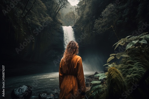 sustainable tourism theme, a woman travel to waterfall in middle of jungle, Generative Ai