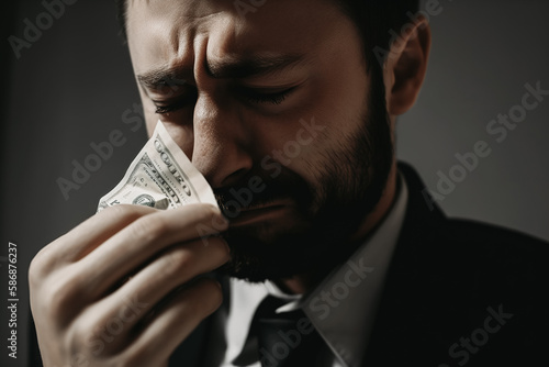 A middle-aged man holding banknotes in his hand and crying for lack of money. Bankruptcy and low earnings concept. Generative ai