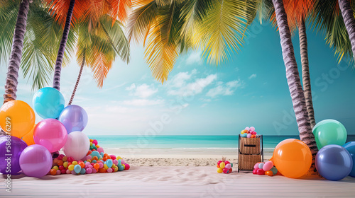 Tropical setting with balloons and beach and ocean background