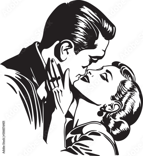 Vintage man kiss woman 60s style . Retro comics black and white ink drawing, American cartoon advertising illustration.