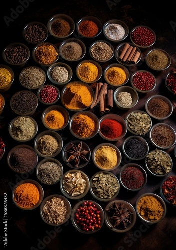 A vast array of different spices. Top view set of species colorfully food photo style by generative ai