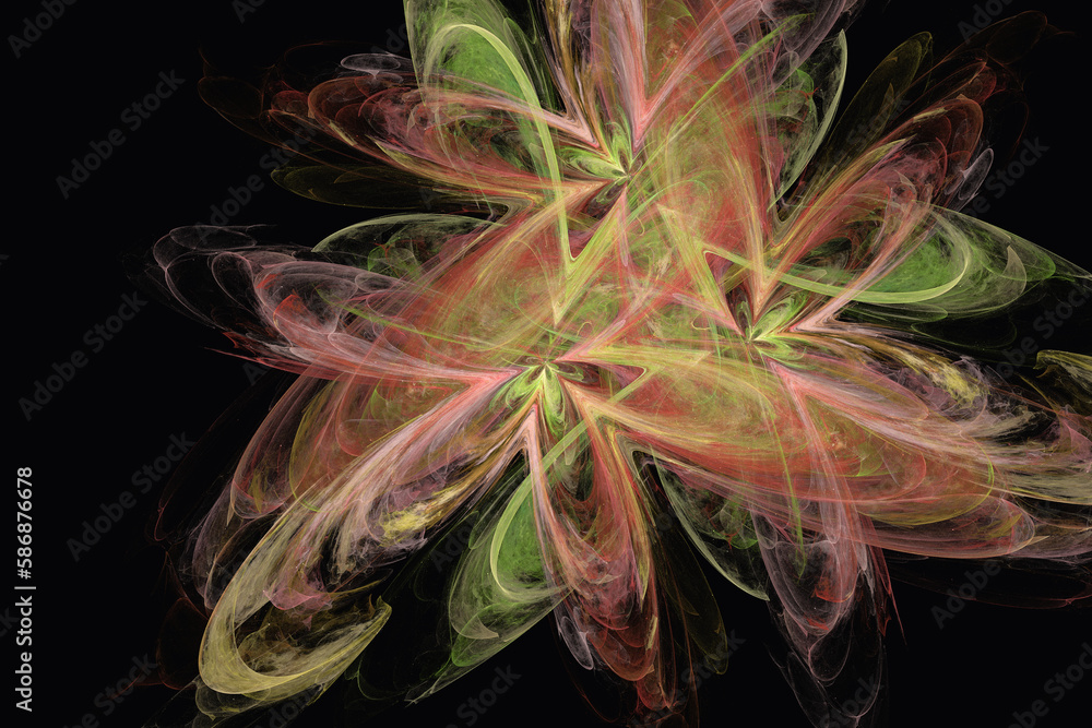 Obraz premium Green red triple floral pattern of crooked waves on a black background. Abstract fractal 3D rendering