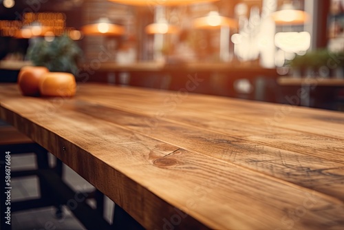 close up of a wooden table in a cozy restaurant setting. Generative AI