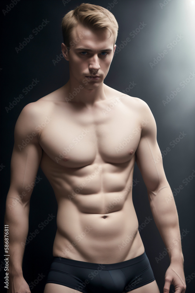 Fototapeta premium Muscular young man in a black underwear is posing for a photo.