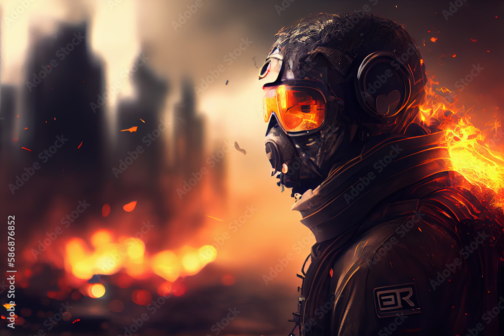 Lone soldier walking in destroyed city Lone soldier walking in destroyed city