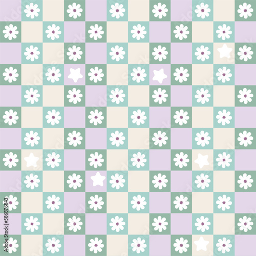 Abstract Tiny Colorful Squares Small Flowers Geometric Retro Pattern Trendy Pastel Fashion Colors Perfect for Allover Fabric Print or Wrapping Paper Cute Design