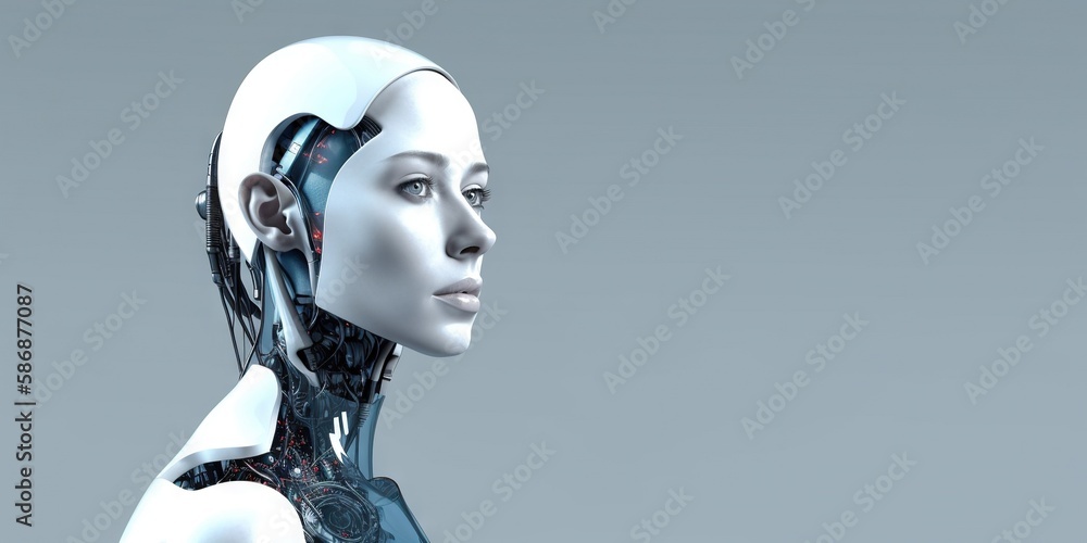 Cyborg woman side view banner. High-tech Ai bot background with copy space for text generative ai